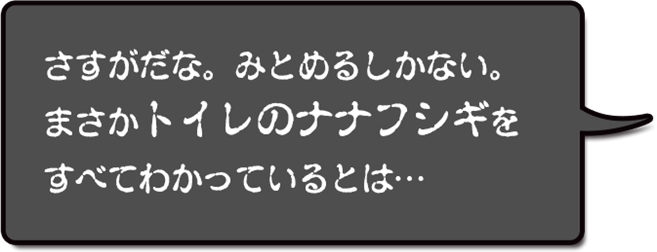 さすがだな。みろめるしかない。まさかトイレのナナフシギをすべてわかっているとは...